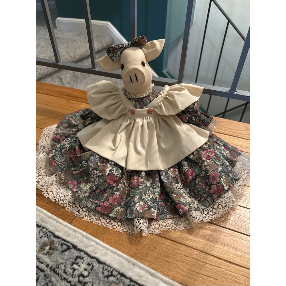HANDMADE Cottagecore Stuffed Decor Pig With Dress & Apron 17inch Shelf Sitter